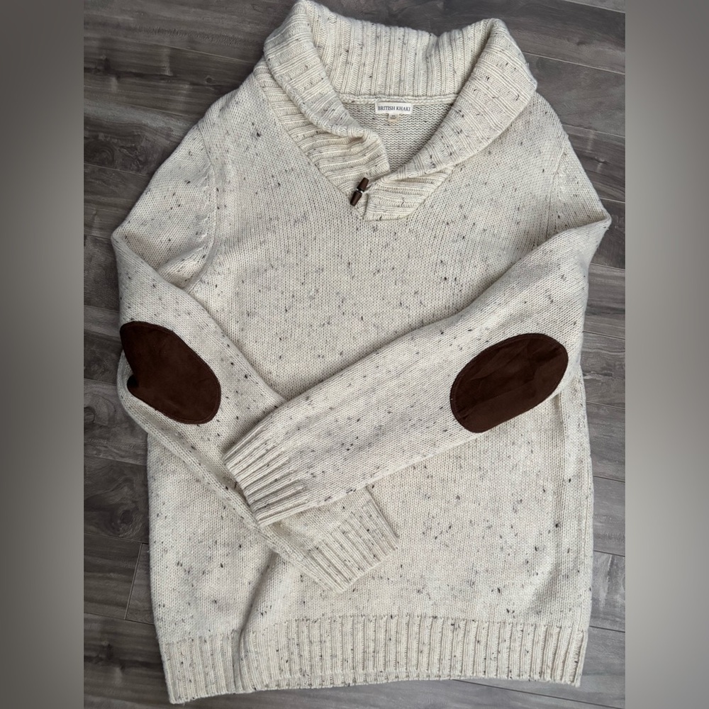 Tunic Sweater With Elbow Patches Wool Acrylic Toggle Cowl Neck British Khaki